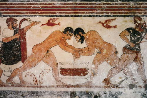 theancientwayoflife:~ Scene of wrestling with the figure of an augur on the left, and a masked figur