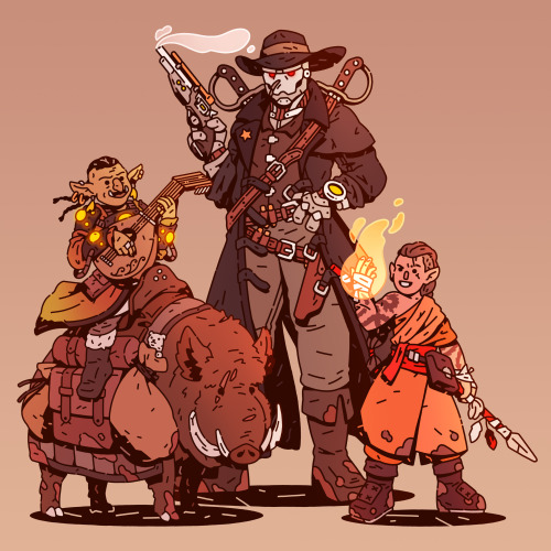 The Eberron Trio. From left to right we have Grendel the Goblin Bard (riding Lunch, his war pig moun