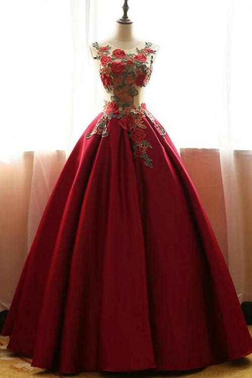 Red Satin Aline Quinceanera Dress,Applique Ball Gown Prom...