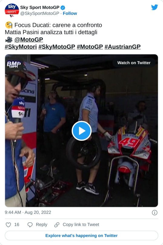 🧐 Focus Ducati: carene a confronto Mattia Pasini analizza tutti i dettagli 🎥 @MotoGP#SkyMotori #SkyMotoGP #MotoGP #AustrianGP pic.twitter.com/EqSWa8q8Lu  — Sky Sport MotoGP (@SkySportMotoGP) August 20, 2022