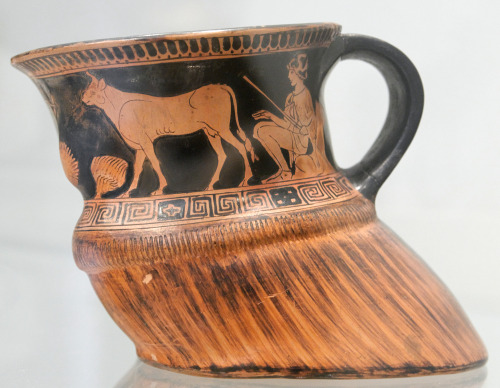 A herdsman with two cows.  Attic red-figure cup in the shape of a hoof, by an artist related to the 