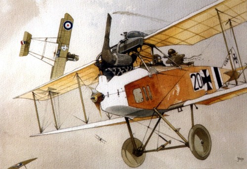 pinturas-gran-guerra-aire:  1917 01 Six against one - John Blake - FE8 41 Sqn vs Albatros CIII  Greg van Wyngarden: “This nice watercolor of an Albatros C.III of Kampfstaffel 20 against FE8’s of No. 41 Sqdn is by British artist John Blake. He entitled