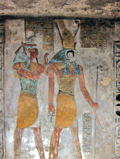 A fine relief of the Egyptian gods Horus and Geb from tomb KV14 in the Valley of the Kings. KV14 was