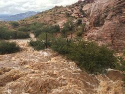 lasvegaslocally:  Crazy flash flood action in Red Rock Canyon source   This is why you should not hike in the washes when it is raining. Even if it is not raining right over you.
