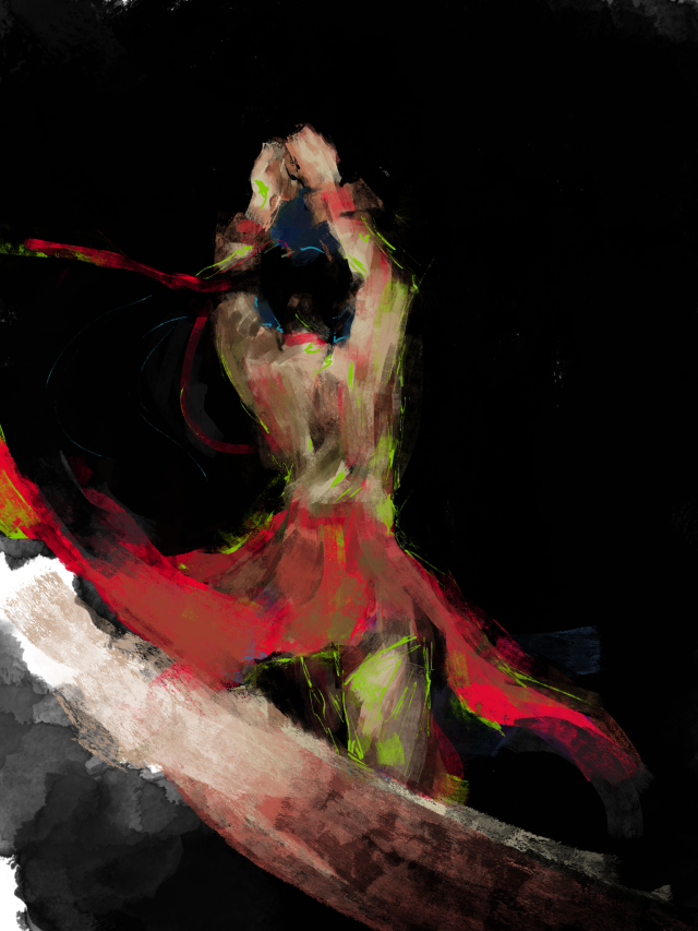 a rough painting of san lang's back, wrists above his head, looking down, jumping into the pitch-black sinner's pit. bright red robes and ribbons flare up by the white ledge.