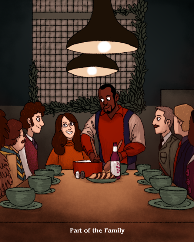 A drawing of Alison, Mike, and the ghosts from BBC Ghosts labeled, "Part of the Family." They are all seated around a dining table with plates in front of them. They are all smiling cheerily. 