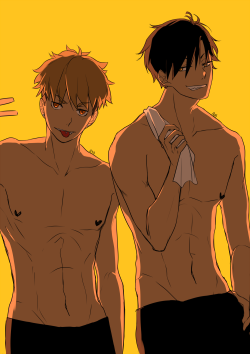 ayakoto:  hq!! shirtless hair down crew 