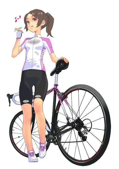 abaslev: :t bicycle bike shorts brown eyes brown hair eating food heart hitomi kazuya long hair musi