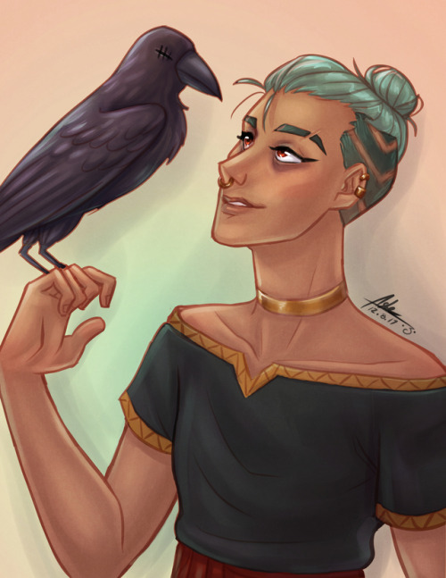 Meet Nereus’ familiar, a one-eyed raven they found dead on their doorstep, took in, and patched up w