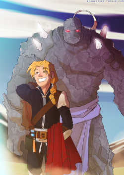 emegustart:   after their mother’s death, edward and alphonse elric attempt a blood magic ritual to bring her back. the ritual fails and ed binds his younger brother’s soul to their father’s golem. in doing so, his leg and arm turn into stone. 