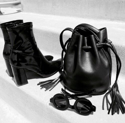 streetstyleplatform:Black Boots + Black Bucket Bag + Have courage and be kind xx