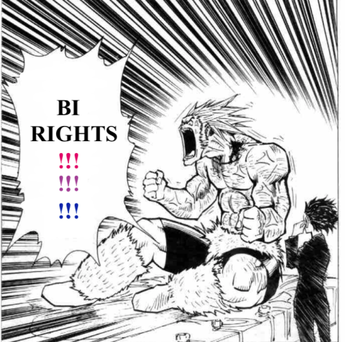 [ID: edited hunter x hunter manga panel of Uvogin yelling “bi rights”. His hands are in fists and ve