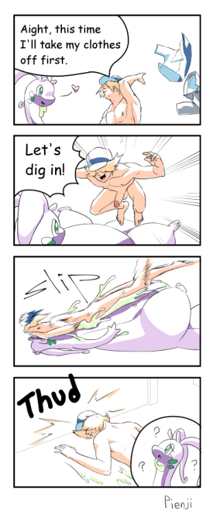 royal-starlord:  badgengar:  lysergideicide:  pienji:  Sequel to my first comic.  Are you kidding me  THESE GET BETTER AND BETTER! We need more Misadventures of Goodra and her Trainer.   XD   I dont mind~ < |D