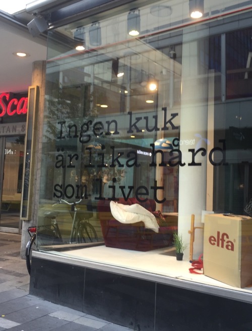 useless-swedenfacts:Spotted in shop window in Stockholm, Sweden

“No cock is as hard as life”
I found the location! (Though the quote isn’t there anymore.)At first I searched maps for “sca” in Stockholm, but that just brought me a bunch of Scandic hotels. So then I searched the term itself, and found this article, which said that it was part of an art exhibition on Sergelgatan in 2016.And indeed, that is Sergelgatan:The shop location was empty back then (now there’s a jeans shop), so the art students used it for their exhibitions. 