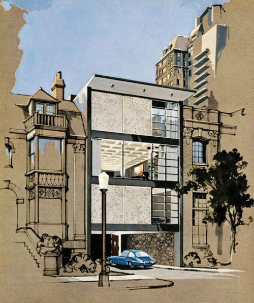 “The Playboy House: Posh Plans for Exciting Urban Living”. From PLAYBOY magazine, May 1962. Art by H