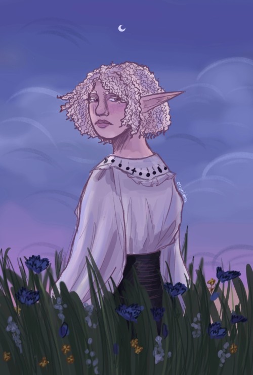Digital art of artist's OC, Iris. Iris is an albino drow with pale skin, coily chin-length white hair, wearing a white romantic blouse. They are shown standing in the flower field in a twilight, looking back with longing expression.