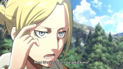 ask-rbraun:  dontkare-n:  this is my favorite scene from shingeki no kyojin because annie is challenging reiner and he gets all nervous and eren’s on the ground like  #do it do it you fucking asshole do it for the vine 