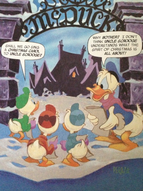 lightening816:glitteringgoldie: Behold, the saddest Christmas comic ever created. Photos from my Uncle Scrooge #251. This story is titled “‘Tis the Season”. Script by Bob Foster and art by Mike Peraza.   I’M NOT CRYING YOU’RE CRYING