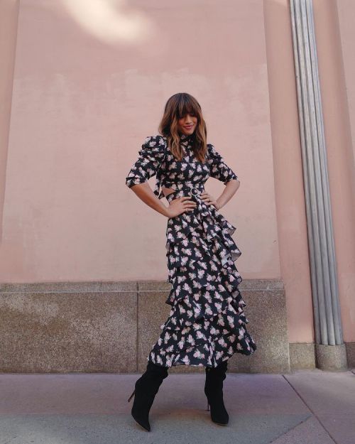 Rocky Barnes in a Mergim dress and Schutz boots