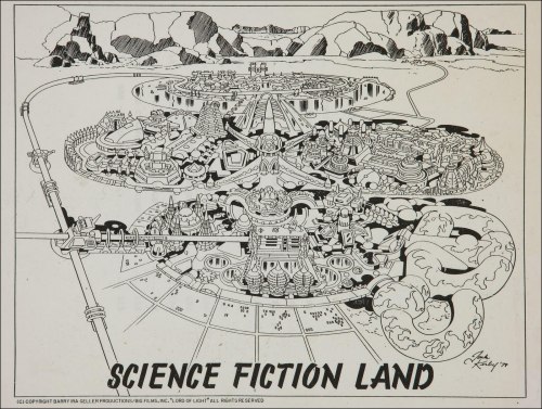 70sscifiart:   “Science Fiction Land,” a theme park design by Jack Kirby and Mike Royer,
