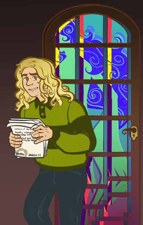 [image: the magnus archives fanart. Michael, with shoulder-length ringlets and a nervous, smiling fa
