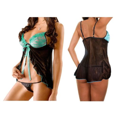 Completino babydoll mod. LUDMILA perizoma incluso nero con coppette verdi in pizzo by MWS AHEAD. MWS