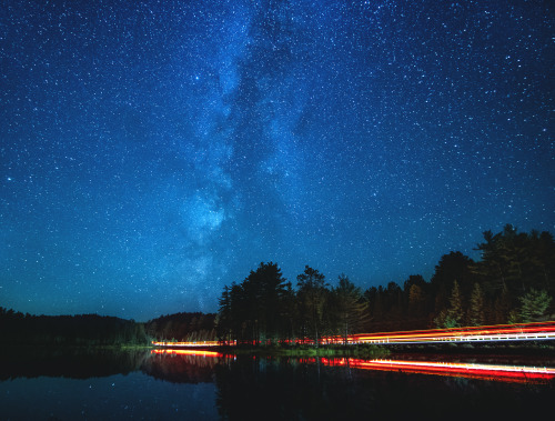 Night traffic on Hwy 60 in Algonquin Park - Ontario, Canada