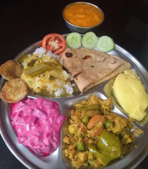 Mixed Vegetables Bhaji (Sabzi) + Poli (Chapati) + Amti Bhat (Drumsticks Dal Rice) + Beetroot Koshimb