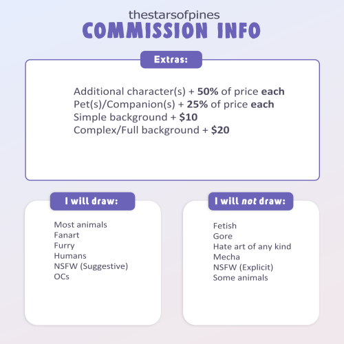 Top text of image reads "thestarsofpines commission info."  A box titled "Extras" includes a list of additional charges for add-ons;  Additional characters +50% of price each. Pets/Companions +25% of price each. Simple background + $10 Complex/Full background + $20  Two more smaller boxes are below the previous box.   The first box on the left is titled "I will draw" and lists; Most animals, Fanart, Furry, Humans, NSFW (Suggestive), OCs  The second box on the right is titled "I will not draw" and lists; Fetish, gore, hate art of any kind, mecha, NSFW (explicit), some animals.