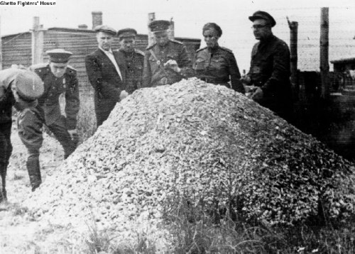 Soviet soldiers stand stunned with a large pile of human ashes they discovered at Majdanek concentra