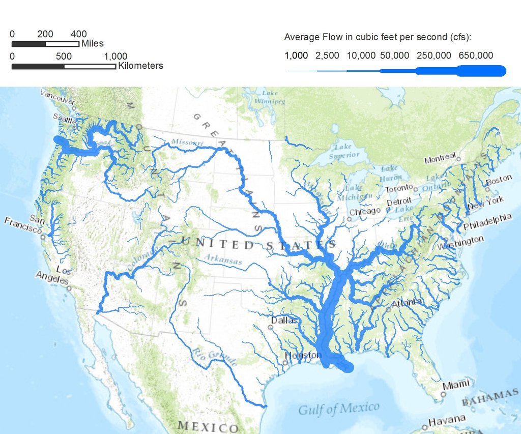 This map shows rivers in the continental United States drawn with linewidth proportional to flow rate.
(from thelandofmaps)