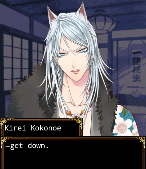 wideop3n:  fox dorito dude is demanding and I like it, and the uke looks lke hes fucking done but that face is supposed to be the “ashamed blushing face”. he looks like hes about to slap a fox. - the game is mononoke sacrifice, its an app for android