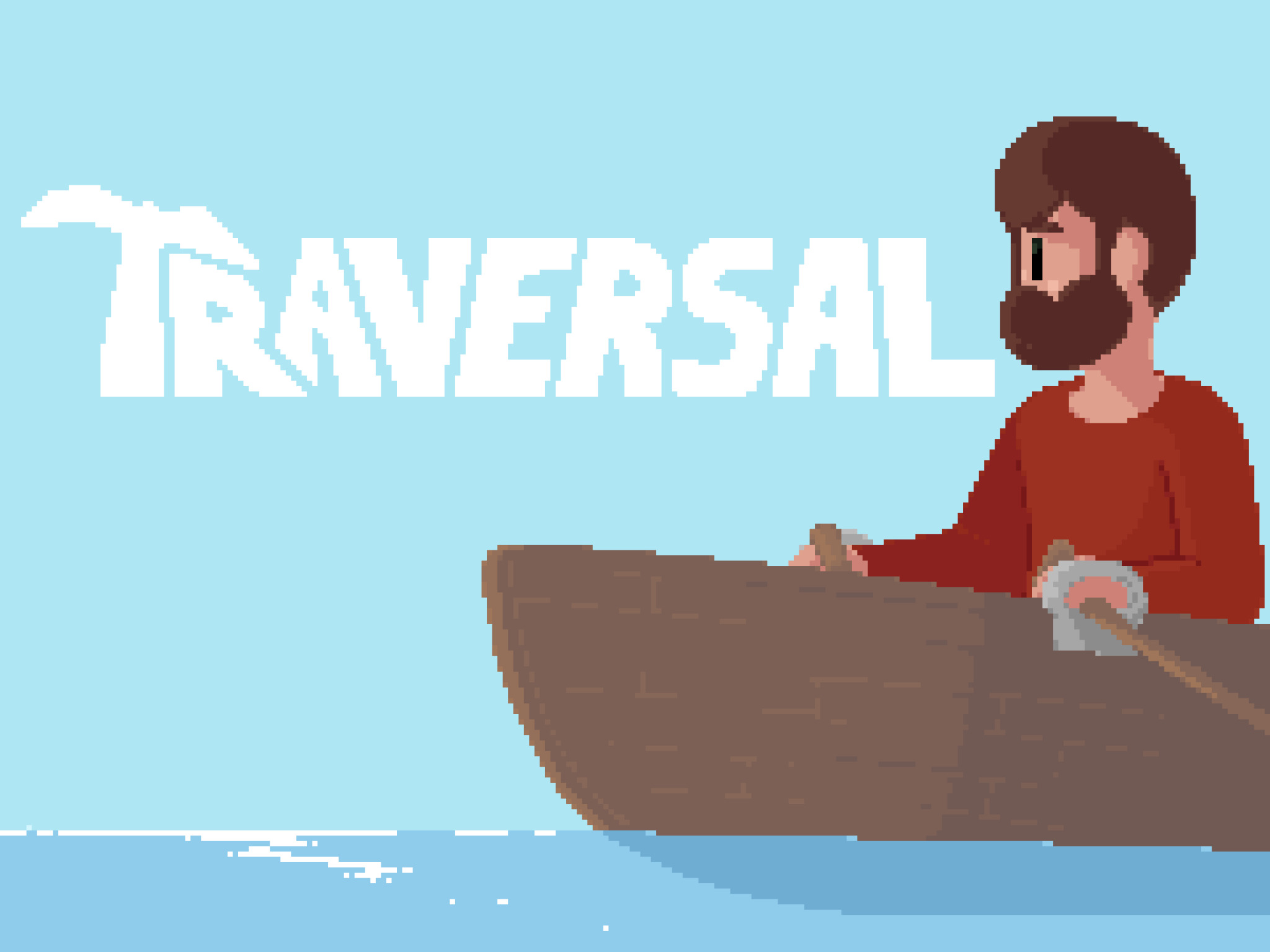 Player from Traversal rowing a boat. The game logo is displayed beside him.