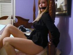blondebound:  When my stepmom came home early and found me like this, she was sure we had been robbed. When she pulled down my gag I had to explain to her that I did this to myself.. After which she proceeded to regag me and take this photo