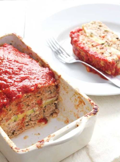 Layered Turkey Meatloaf with Roasted Red Pepper Sauce Get the recipe