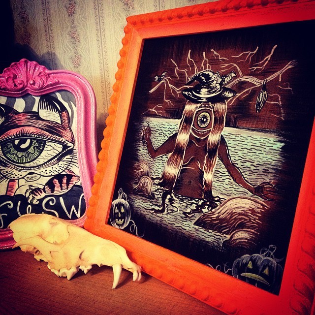 All framed and ready to hang! #handpainted #frames #halloween #witch #cat #skull #bats #pumpkin #orange #black #pink