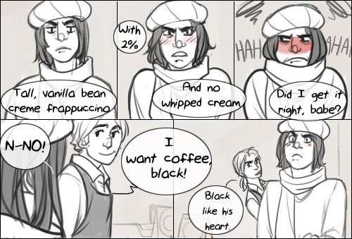 ask-fedvi:[Coffee shop aus are my favourite. :’D Also I can’t draw Connor and should say the inspira