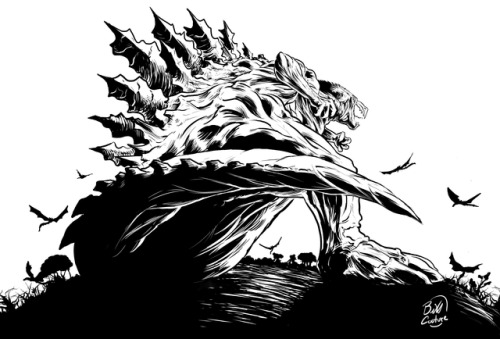 Godzilla Monster Planet print, colored and b&w and close up.  Really pumped for the anime coming