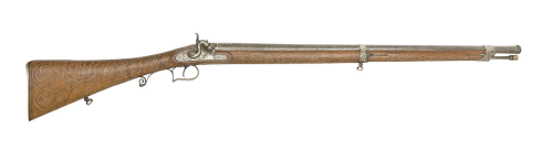 A silver inlaid Belgian percussion musket decorated in Eastern style, mid 19th century.