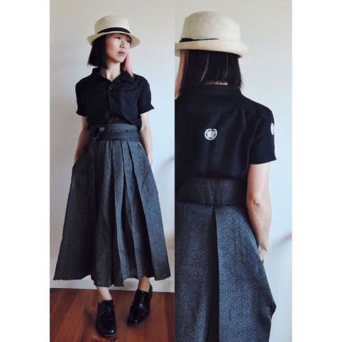Chic modern use of hakama pants, paired with a black shirt (made from monstuki, a formal kimono with