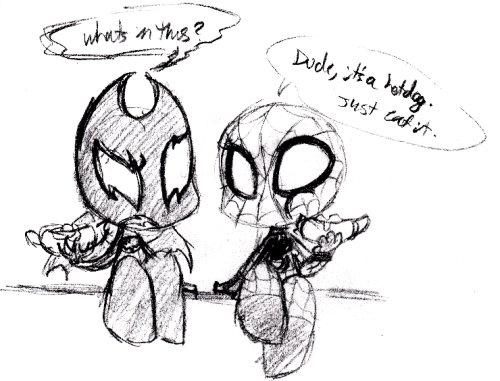 Dude, just eat itI was in New York, so I had to draw Spidey and Batvenom chibis eating hotdogs. what