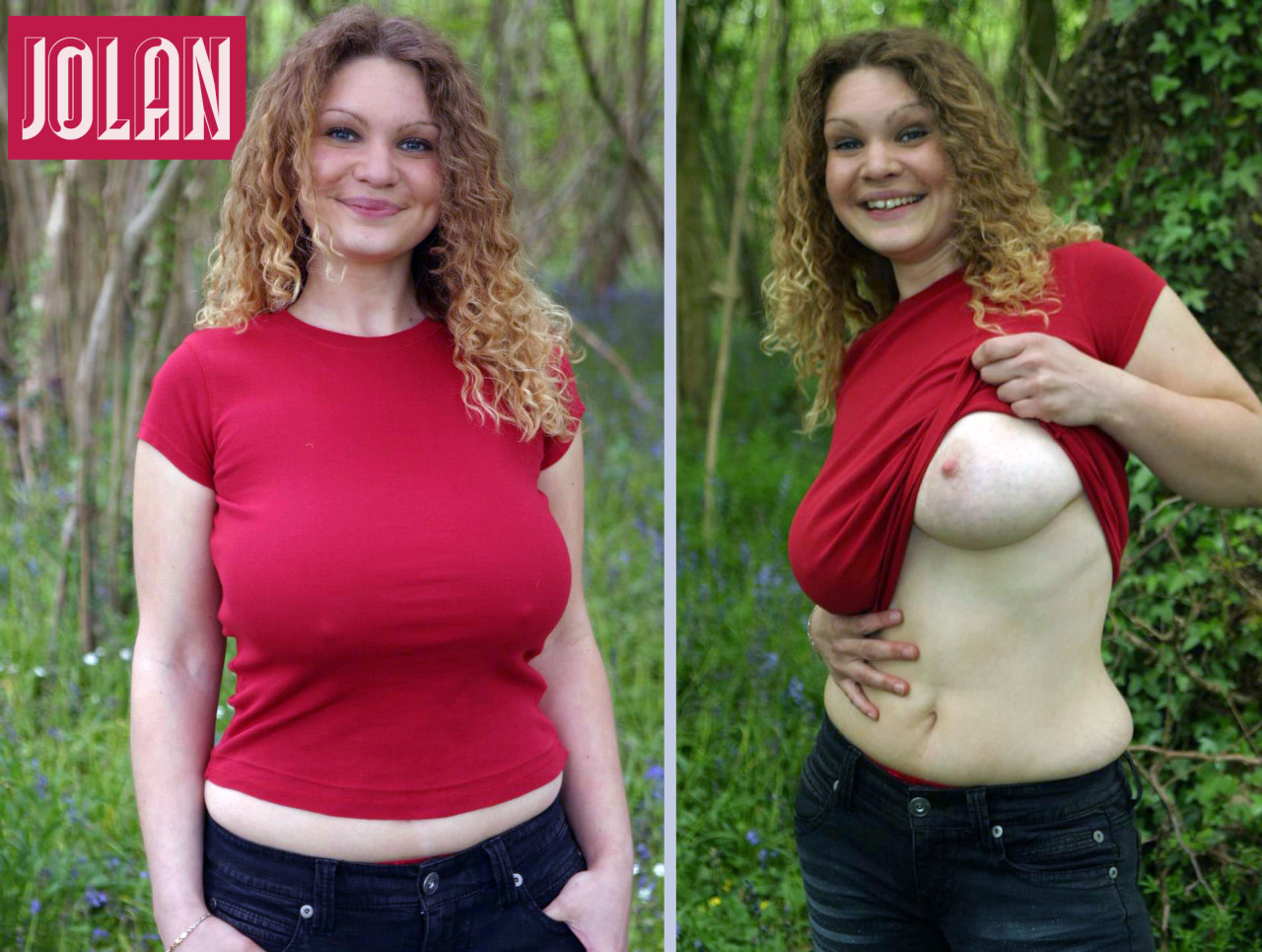 nobreasttoobig:  Jolan will show you her tits in the woods…