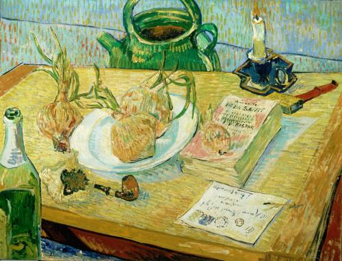 alongtimealone: Van Gogh, Still Life with Onions and Annuaire de la Santé, January 1889. Oil 