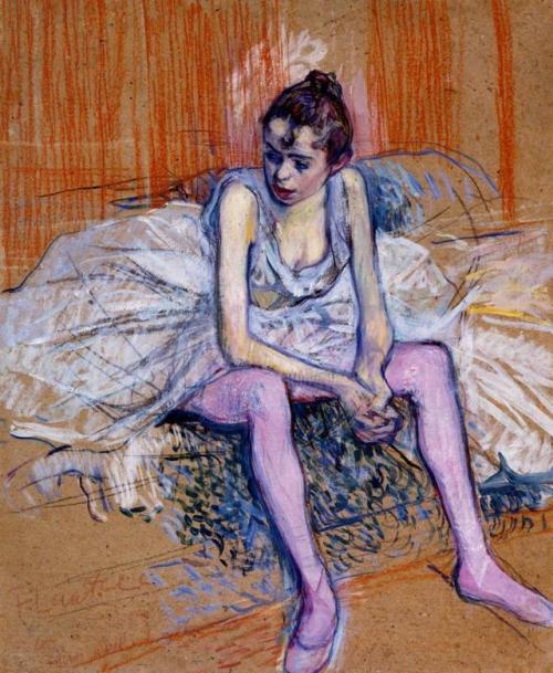 artist-lautrec: Seated Dancer in Pink Tights, 1890, Henri de Toulouse-Lautrec Medium: oil,ink,cardbo