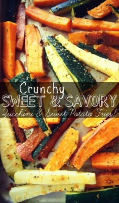 iamftns:  Crunchy Zucchini &amp; Sweet Potato fries! But not fried! ;) Zucchinis Sweet Potato(you choose the quantity of zucchinis and sweet potatoes you want) Microwave the sweet potatoes for about two minutes to soften them up. That will make it easier