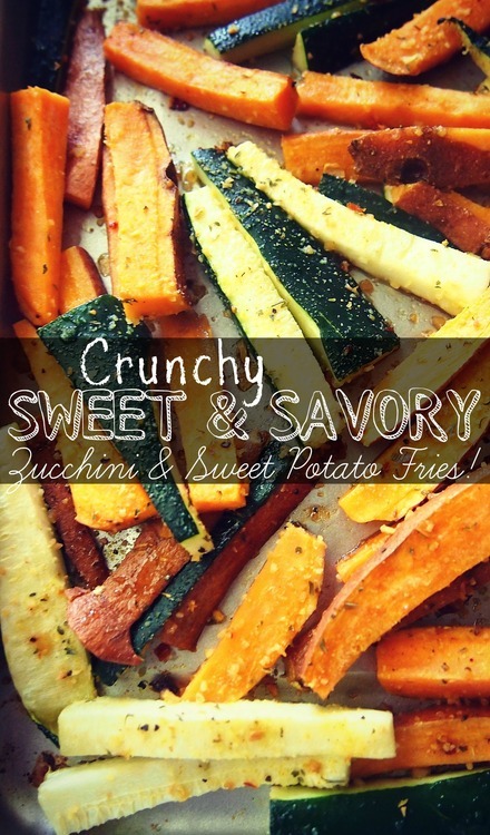 iamftns:  Crunchy Zucchini & Sweet Potato fries! But not fried! ;) Zucchinis Sweet Potato(you choose the quantity of zucchinis and sweet potatoes you want) Microwave the sweet potatoes for about two minutes to soften them up. That will make it easier