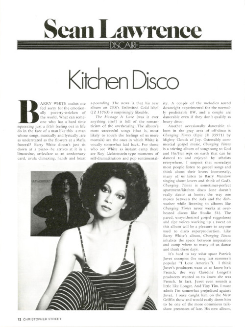 The second of Sean Lawrence’s Discairecolumns from the June 1979 issue of Christopher Street