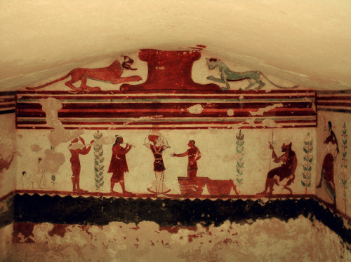 Etruscan wallpainting in the Tomb of the Jugglers from the etruscan necropolis of Tarquinia, Italy