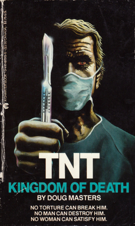 TNT: Kingdom Of Death, by Doug Masters (Charter, 1986).From Ebay.ANTONY NICHOLAS TWIN IN A BATTLE FOR BLOODEleven people. All with the same rare blood type. All dead. Butchered and bled by international terrorists.One woman. The only possible donor left