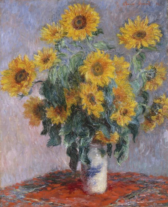 Painting of a bouquet of sunflowers in a white and blue vase sitting on a red cloth against the pale purple background.